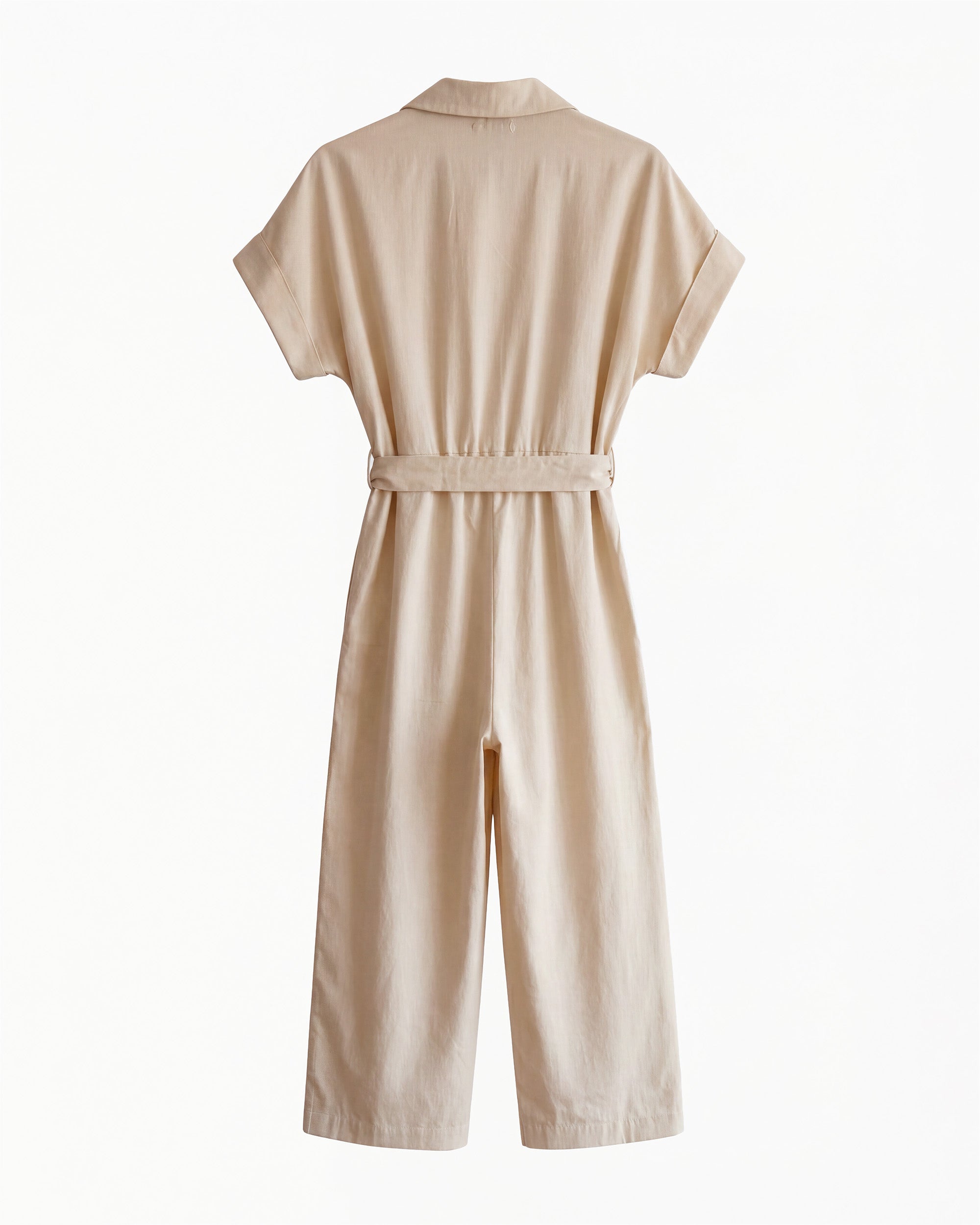 Petite model wearing the Petite Jumpsuit Ecru back view.